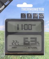 Nor Tec - Thermometer - Binnen Thermometer - Thermometer met Klok - Klok - Digitale thermometer -  1x Zwart.
