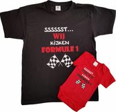 Set t-shirt en romper met "Sssssst... Wij kijken Formule 1" en "Sssssst... Papa en ik kijken Formule 1" - maat t-shirt L - maat romper 68 - vaderdag, cadeautje, kraamcadeau, grappig, geschenk, baby, tekst