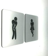Deurbordje - WC bordje - WC - Toiletbord - Bordje - RVS Look - Pictogram – Heren Dames – Hoge Nood – Man Vrouw – Set van 2 - Zelfklevend – 10 cm x 12 cm x 1,6 mm - 5 Jaar Garantie
