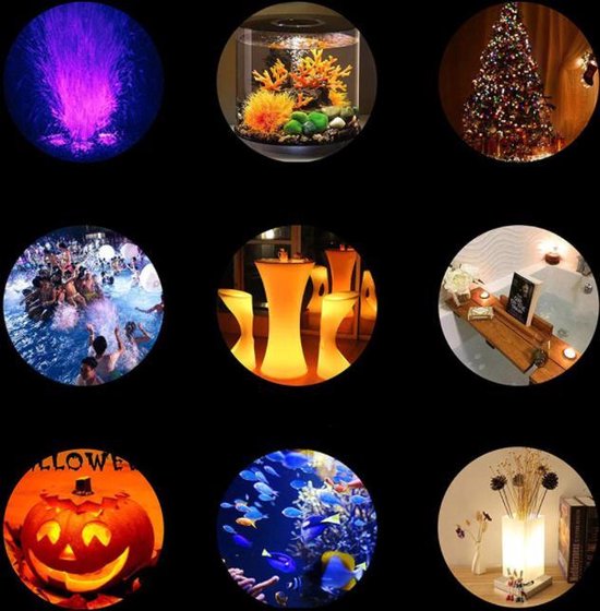 Collage met verschillende toepassingen van verlichting, waaronder een fontein, kerstboom, feest, aquarium en pompoen.