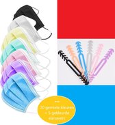 20 Gekleurde Mondmaskers | 5 Gekleurde Earsavers | Oranje | Roze | Groen | Geel | Zwart | Paars | Lila | Blauw | Mondmasker Verlengers | Mondmaskerhouders