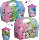 2 stuks menubox + 2 stuks 3d bekers girls - unicorn en uiltjes