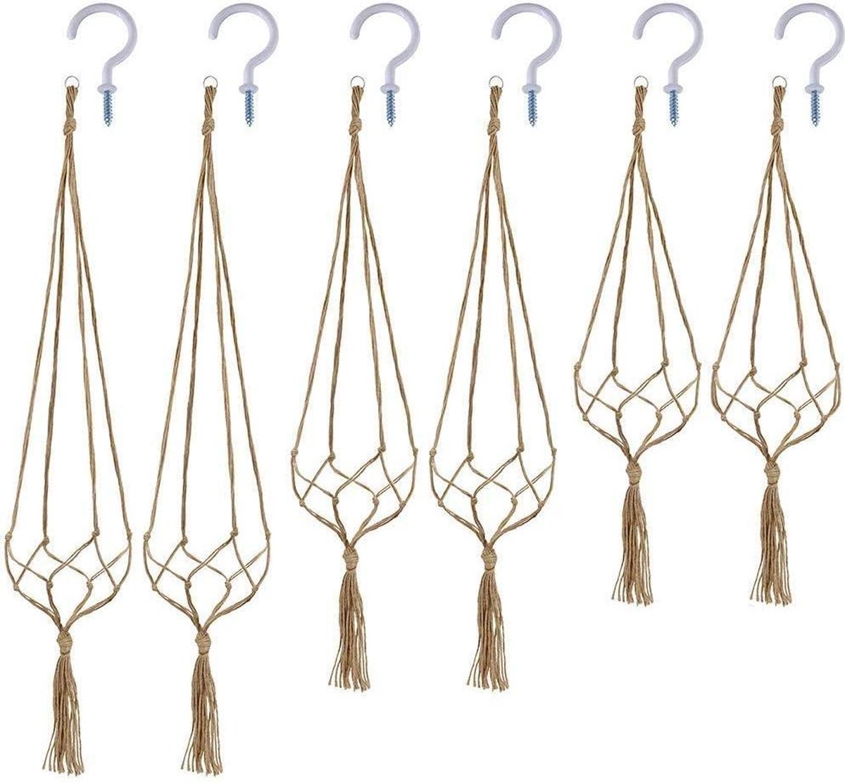 Jute Plantenhanger Macramé - Set van 6 Stuks - Inclusief Plantenhaken en Plugjes