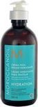 Fles Moroccanoil Hydrating Styling Cream met pompdispenser op witte achtergrond. Turquoise label met oranje M-logo.