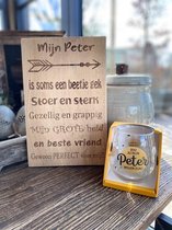 Cadeaupakket Mijn Peter (eikenhout) + waterwijnglas goud - Zou jij mijn Peter willen zijn?    oom - peetoom - verjaardag
