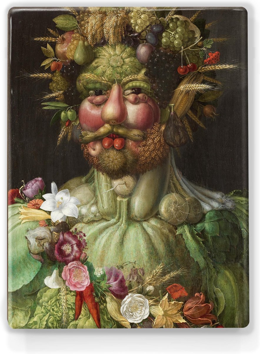 Rudolf_II_of_Habsburg_as_Vertumnus - Giuseppe Arcimboldo - 19,5 x 26 cm - Niet van echt te onderscheiden schilderijtje op hout - Mooier dan een print op canvas - Laqueprint.
