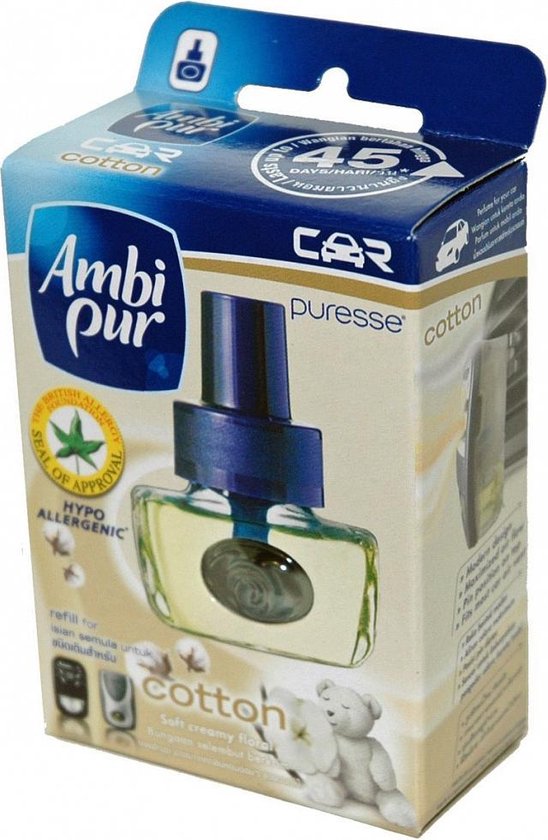 Ambi Pur CAR Cotton puresse luchtverfrisser navulling met een zachte, romige florale geur. Verpakking met blauwe en witte accenten en een katoenbloesem afbeelding.
