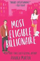 Boekcover 'Most Eligible Billionaire' met een man en vrouw, en een hond. 'Highly Entertaining! - USA Today'