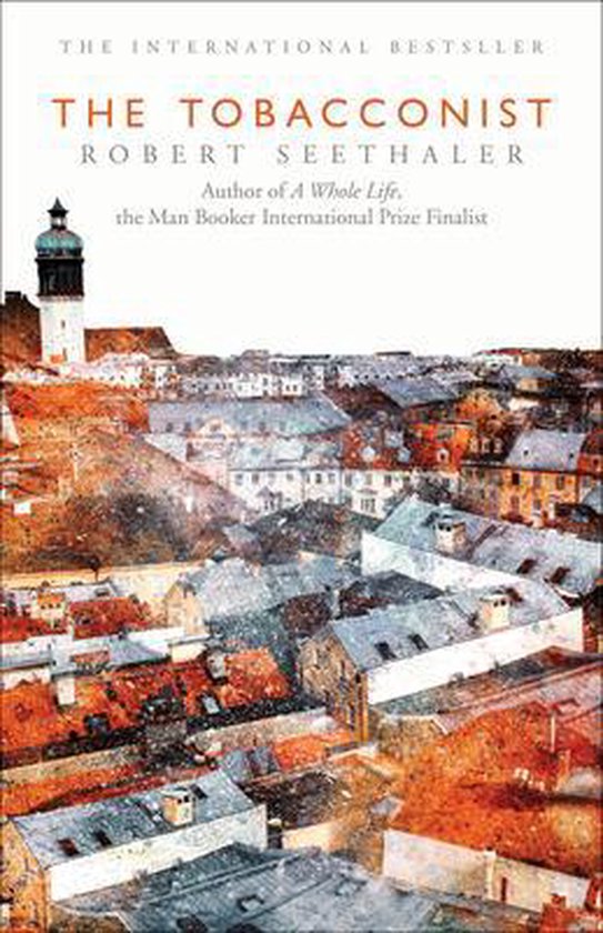 Boekcover van 'The Tobacconist' door Robert Seethaler, met een stadspanorama.