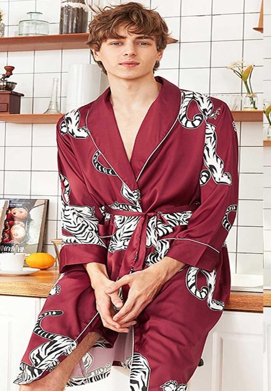 Satijnen herenbadjas – rood – tijgers – Satin-Luxury – Onesize (M t/m XXL) – badjas met sjaalkraag – 100 % satijn polyester