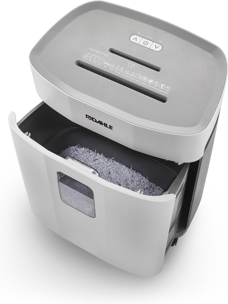 Dahle® PaperSAFE 420 - Papierversnipperaar - 2x15 mm snipper - 25L opvangbak - Bladen max per 10 - P5 - Nietjes bankkaarten paperclips cd's - Continu 480 min - Geluidsarm 60 db thumbnail 8