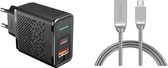 DrPhone HALOM1 - 18W snellader + Metalen USB-C Kabel - Anti-knik - LED indicator - 1 Meter - Zwart