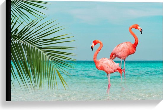 Canvas - Twee Flamingo's in Zee met Palmblad - Foto op Canvas Schilderij (Wanddecoratie op Canvas)