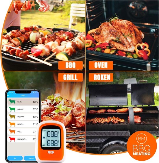 Bbq Meating Bbq Thermometer Digitaal met App en 2 Sondes - Beschermhoes - Magneet - Vleesthermometer - Suikerthermometer - Keukenthermometer - Kookthermometer - Oventhermometer - Kernthermometer - Draadloos - Cadeau - Bbq Meating