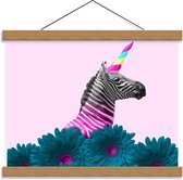 Schoolplaat – Zebra als Eenhoorn met Bloemen - 40x30cm Foto op Textielposter (Wanddecoratie op Schoolplaat)