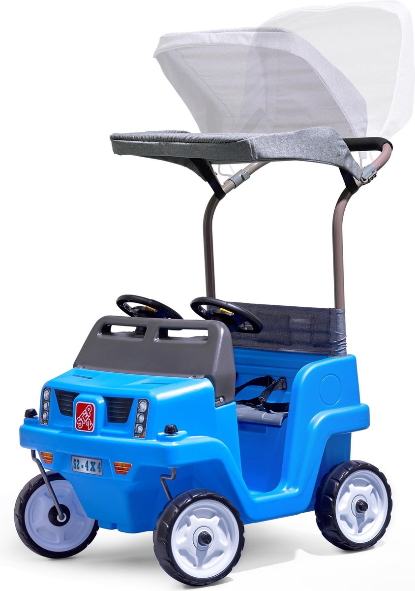 Step2 looppauto Side-By-Side Push Around SUV in Blauw - Duwauto voor 2 kinderen - Luifel voor schaduw - Loopauto met duwstang & luifel - Voor kinderen vanaf 2 jaar
