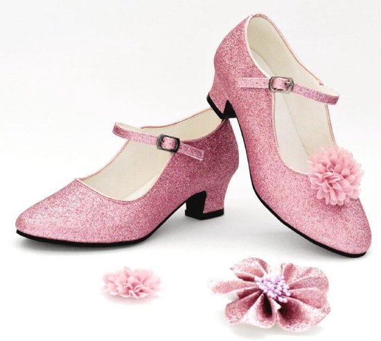 roze glitter schoenen met hakken + GRATIS bloemclips (maat 35 - 22,5cm) |  bol.com