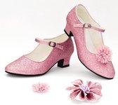 Chaussures pailletées roses à talons + pinces à fleurs GRATUITES (taille 34 - 22cm)