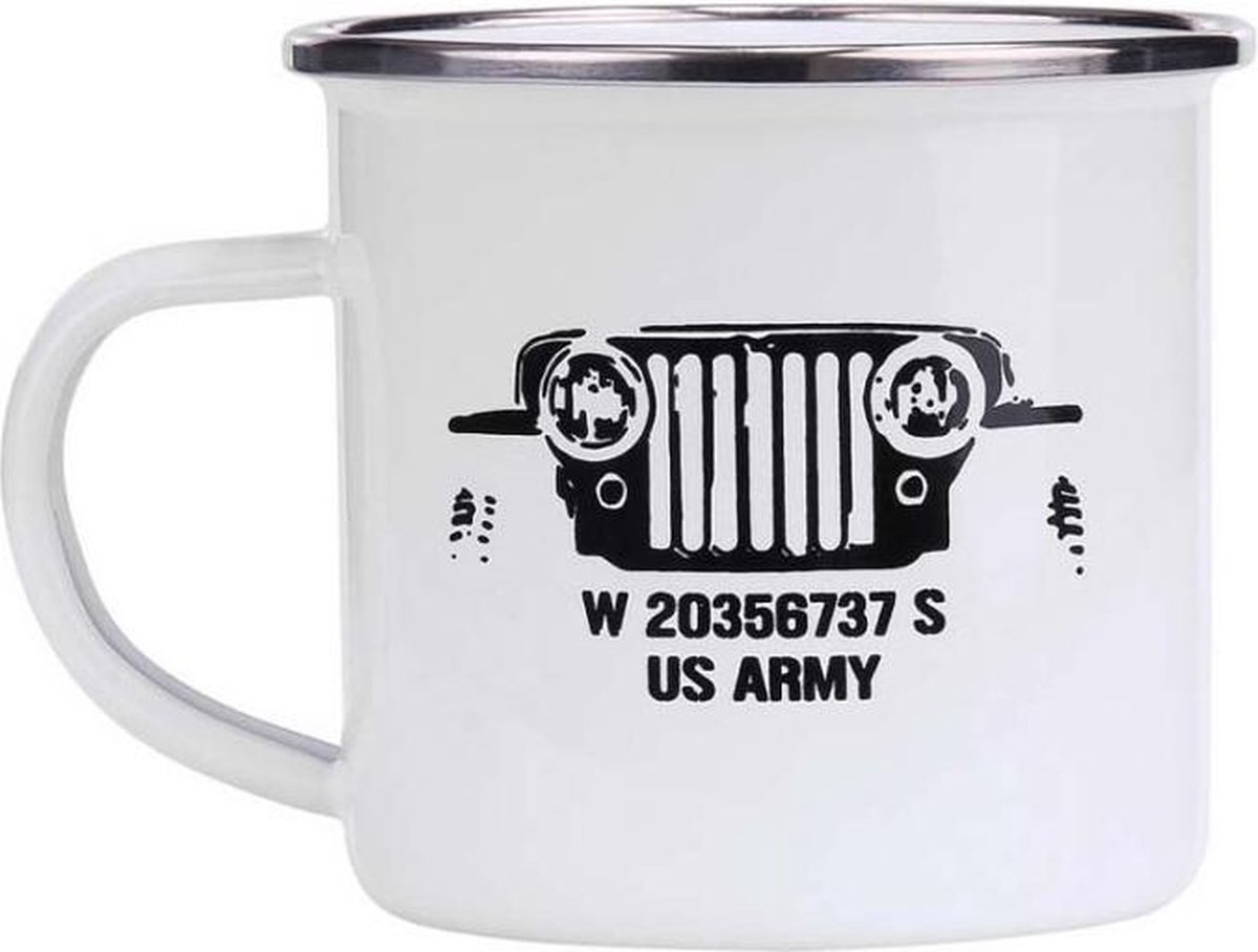 Emaille beker leger wit - US Army Jeep
