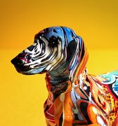 Decoratief beeld Teckel van gips - Dachshund ornament - Creatieve kleurrijke Teckel - Vrolijk beeld hond - Kunstwerk!