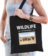 Dieren Olifant foto tas katoen volw + kind zwart - wildlife of the world - kado boodschappentas/ gymtas / sporttas - Olifanten