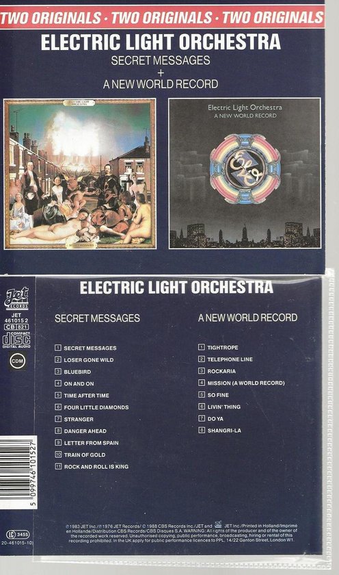 Dubbelalbum 'Secret Messages/A New World Record' van Electric Light Orchestra. De voorkant toont een schilderij van mensen in een straat, de achterkant een ELO-logo.