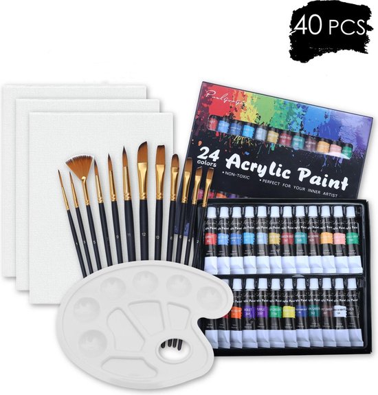 Paulgragou – Acrylverf set – 12 Penselen – 24 kleuren verf – 3 Canvas Schildersdoek – Schilderen op Canvas