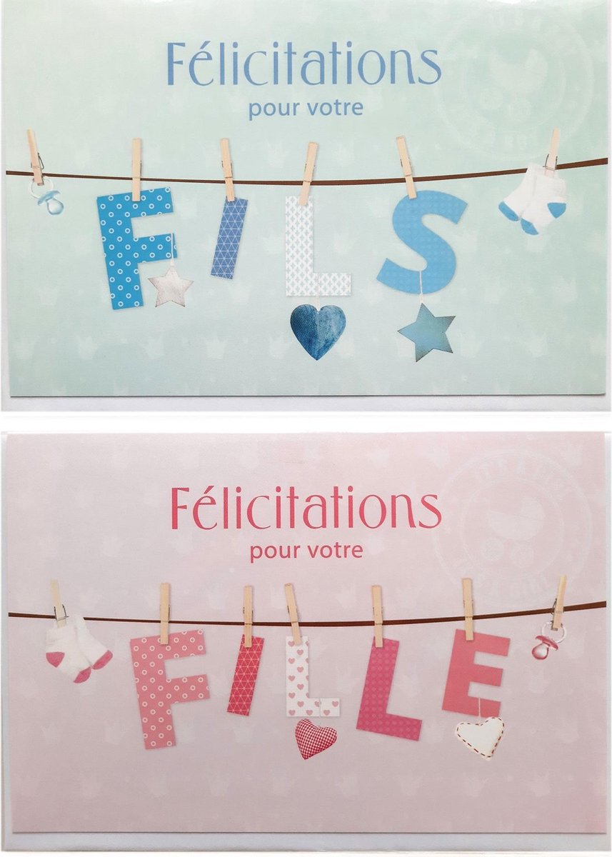 2 Wenskaarten - Cartes de Naissance - Félicitations pour votre FILLE + Félicitations pour votre FILS – 12 x 17 cm