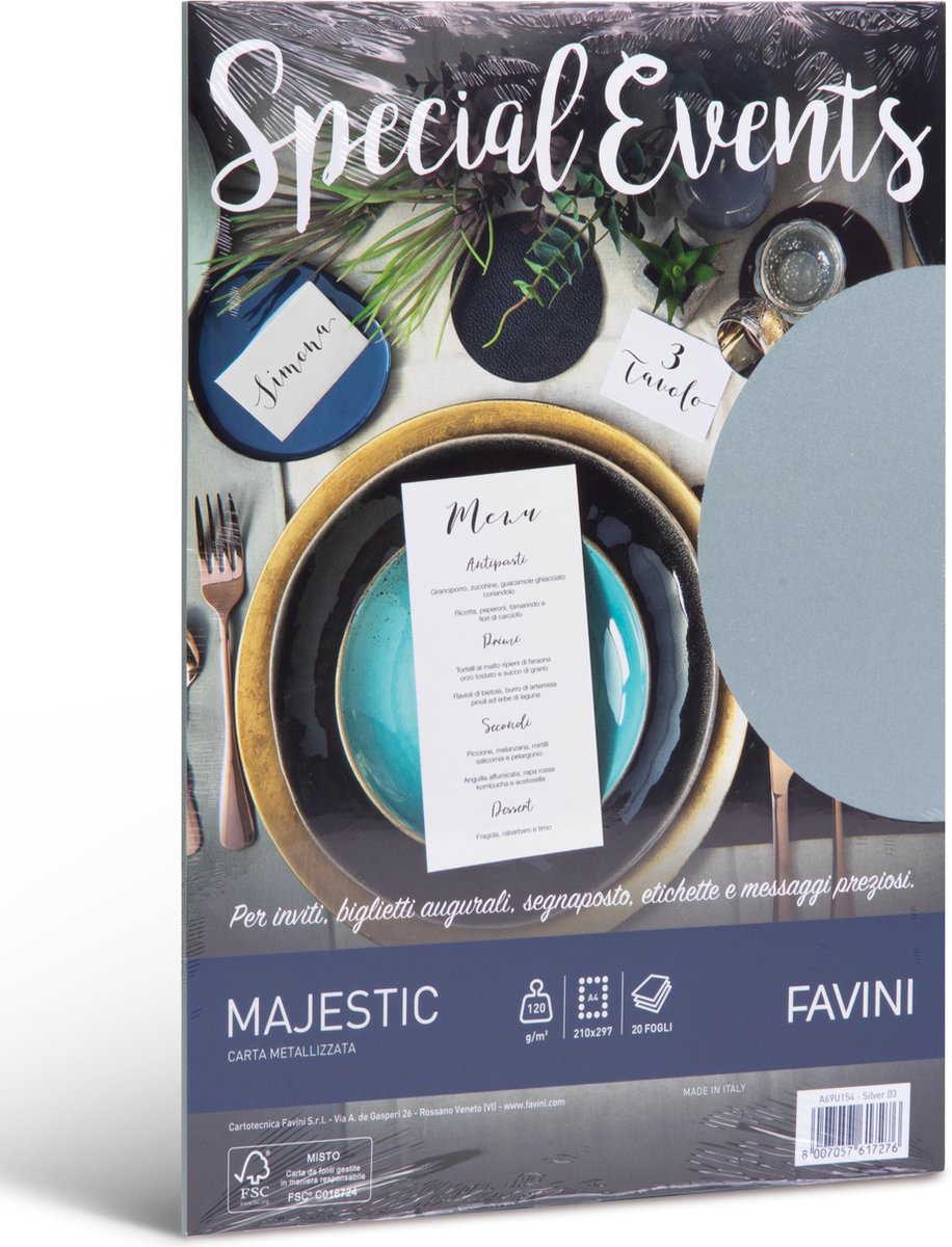 Favini® – 20 Vel Majestic Metallic Papier A4 – Zilver – 120 g/m² – Argento Silver 03 – Voor Kaarten, Feest & Creatief Gebruik – FSC – Made in Italy