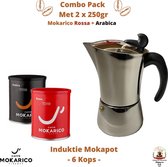 6 kops Inductie Percolator + 2x Gemalen Koffie : Mokarico Rossa en 100% Arabica (2x 250gr)