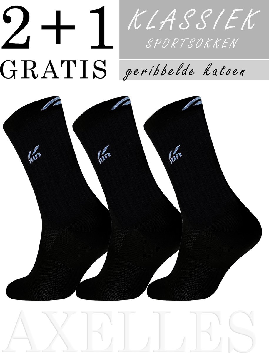 Sportsokken, geribbeld enkelboord met logo, zwart, 2+1 gratis geschenkset, maat 44/45 (29).