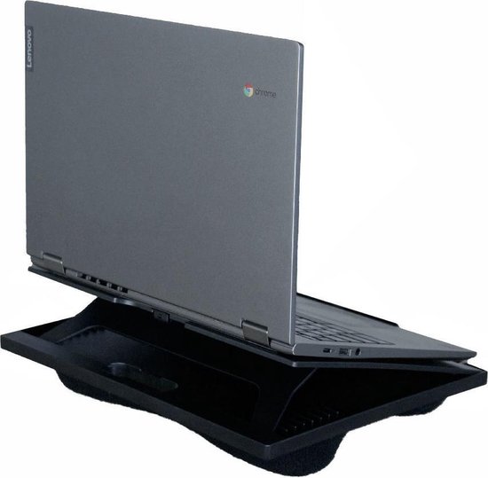 Coussin noir pour ordinateur portable avec un ordinateur portable Lenovo exécutant Chrome OS dessus.