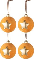 J-Line Doos Van 4 Kerstballen Fluweel Ster Glas Oker/Goud Medium