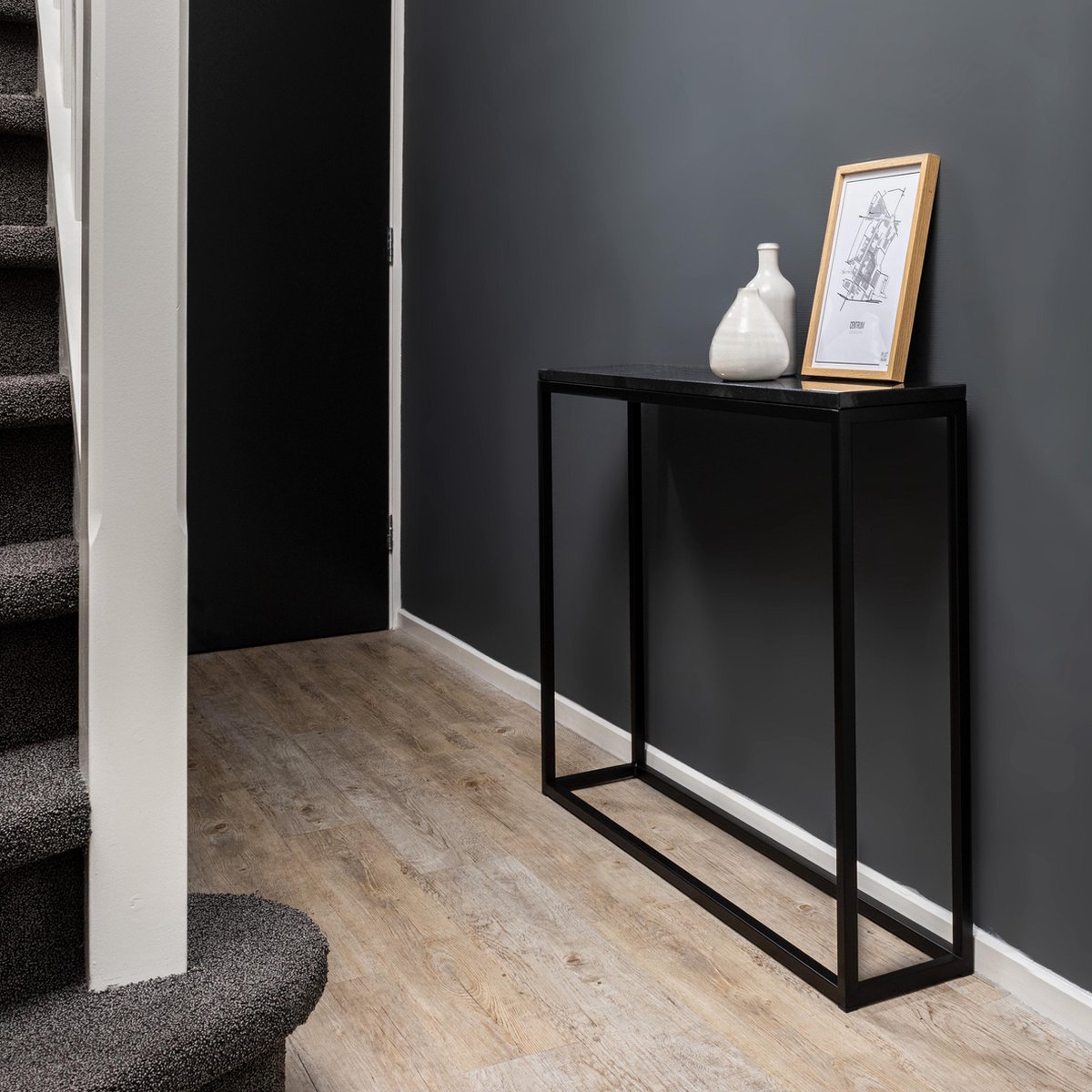 Sidetable zwart graniet zwart onderstel 100 x 20 cm