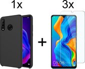 Huawei P30 Lite hoesje zwart siliconen case hoes cover hoesjes - 3x Huawei p30 lite screenprotector