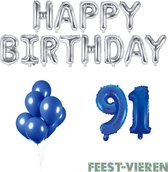91 jaar Verjaardag Versiering Ballon Pakket Blauw & Zilver