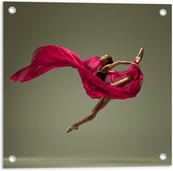 Tuinposter – Dansende Ballerina in Roze Kleed - 50x50cm Foto op Tuinposter  (wanddecoratie voor buiten en binnen)