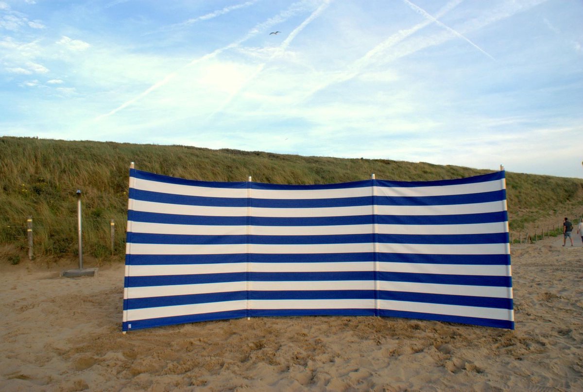 Goedkoopste Strand Windscherm 4 meter Dralon kobalt blauw/wit met houten stokken