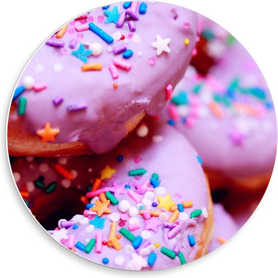 Forex Wandcirkel - Roze Donuts met Sprinkels - 50x50cm Foto op Wandcirkel (met ophangsysteem)