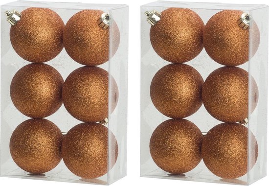 24x stuks kunststof glitter kerstballen oranje 8 cm - Onbreekbare kerstballen - Kerstversiering