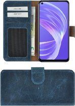 Oppo A73 5G Hoesje - Bookcase - Oppo A73 5G Wallet Book Case Echt Leer Denim Blauw Cover