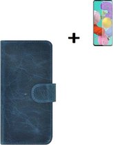 Oppo A73 5G Hoesje - Oppo A73 5G Screenprotector - Oppo A73 5G Wallet Book Case Echt Leer Denim Blauw + Screenprotector