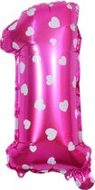Cijfer ballon - Helium ballon - Verjaardag - Roze met hartjes - 32 inch - Grote ballon - Nummer 1 - Roze ballon cijfer 1