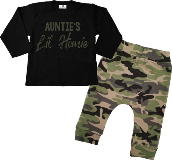 Babypakje-unisex-geboortepakje-Auntie's lil homie-Maat 62-zwart-camouflage print-zwart-camouflage print