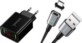 DrPhone iCON - Magnetische Micro USB Oplaadkabel 3A + Thuislader 2 poorten USB Oplader 2.2A met LED Display - Zwart