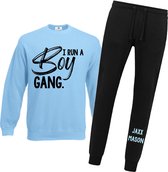 Joggingpak dames blauw-i run a boy gang met namen-lichtblauw-zwart-Maat Xl