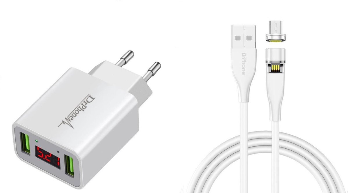 DrPhone ICO-1 - Magnetische Micro USB Oplaadkabel 3A + Thuislader 2 poorten USB Oplader 2.2A met LED Display - Wit