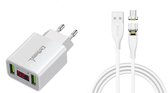DrPhone ICO-1 - Câble de charge magnétique Micro USB 3A + chargeur domestique 2 ports USB chargeur 2.2A avec écran LED - Wit