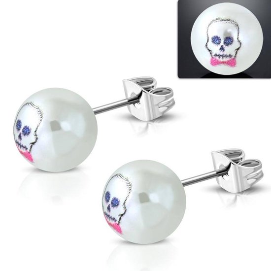 Aramat jewels ® - Pareloorbellen skull wit roze staal 9.5mm
