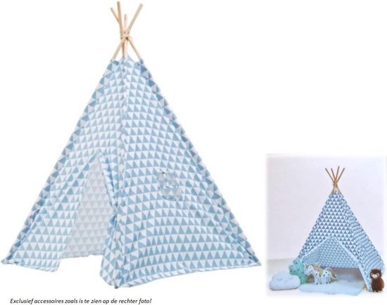 Tipi Tent kinderen driehoek print - Blauw - Wigwam - Playfun - 120 x 120 x 150 cm - Voordeelset